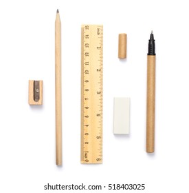 Set Of Wooden Writing Tools, Pencil, Pen, Ruler, Eraser And Sharpener, Isolated On White Background