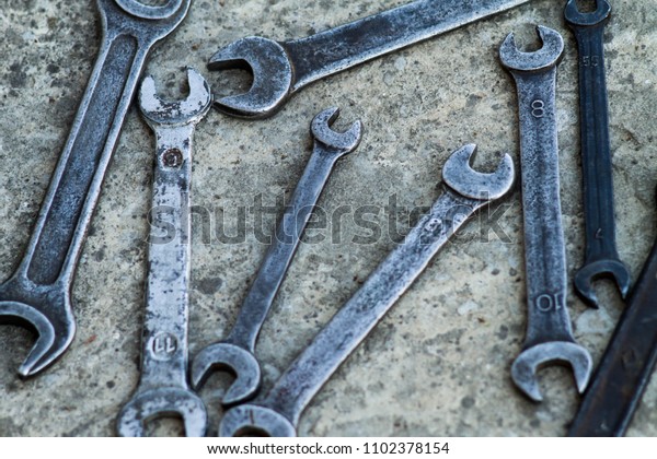 Set of wrench handy industrial tool sold keys in a\
mechanical workshop handy tool for use by a car mechanic to fix a\
motorcycle and a car.