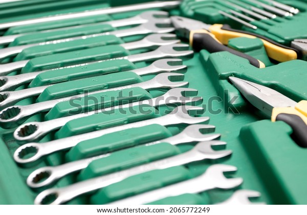 Set of Wrenches tools for car repair closeup.\
Selective focus.