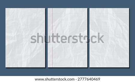Set of wrinkled notebook paper sheets with graph and ruled line texture isolated on blue background
