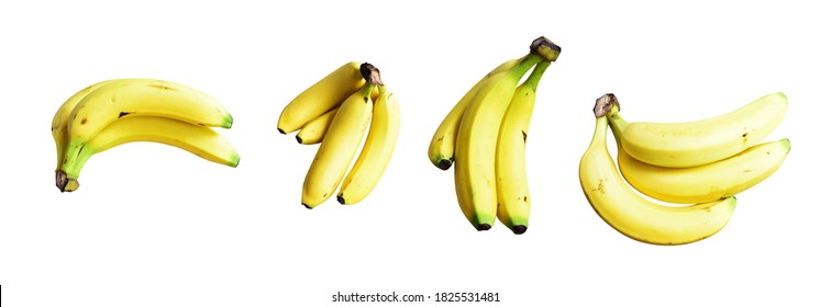 A Set Of Yellow Bananas Isolated With Many Side, Banana Bunch With Clipping Path In White Background, Topical Fresh Fruit Isolated, No Shadow