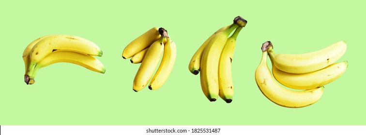 A Set Of Yellow Bananas Isolated With Many Side, Banana Bunch With Clipping Path In Pastel Green Background, Topical Fresh Fruit Isolated, No Shadow