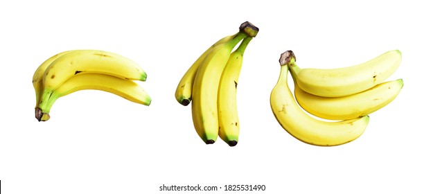 A Set Of Yellow Bananas Isolated With Many Side, Banana Bunch With Clipping Path In White Background, Topical Fresh Fruit Isolated, No Shadow