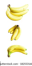 A Set Of Yellow Bananas Isolated With Many Side, Banana Bunch With Clipping Path In White Background, Topical Fresh Fruit Isolated, No Shadow