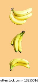 A Set Of Yellow Bananas Isolated With Many Side, Banana Bunch With Clipping Path In White Background, Topical Fresh Fruit Isolated, No Shadow