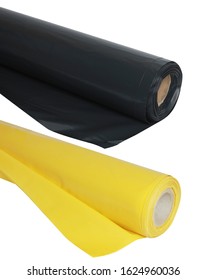 Set of yellow and black plastic film rolls isolated on white background.