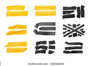 Set of yellow, black tapes on white background. Torn horizontal and different size black sticky tape, adhesive pieces.