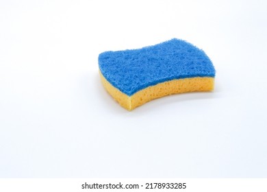 Set Of Yellow And Blue Bathroom Or Kitchen Sponges On White Background