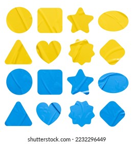 Set of yellow and blue stickers paper stickers mock up. Blank tags labels of different shapes, isolated on white background with clipping path for design work