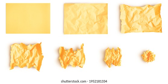 Set of yellow creased paper. Smooth sheet of paper crumpled into ball step by step. Isolated on white background with soft shadows - Shutterstock ID 1952181334