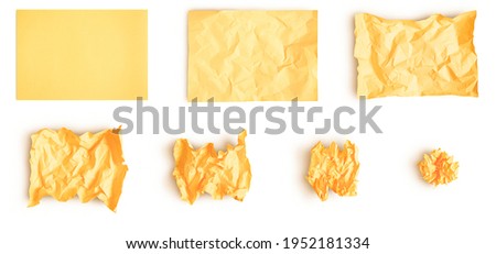Set of yellow creased paper. Smooth sheet of paper crumpled into ball step by step. Isolated on white background with soft shadows