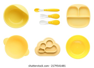 Set With Yellow Dishware On White Background, Top View. Serving Baby Food