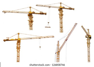 set of yellow hoisting cranes isolate on white background - Shutterstock ID 126858746