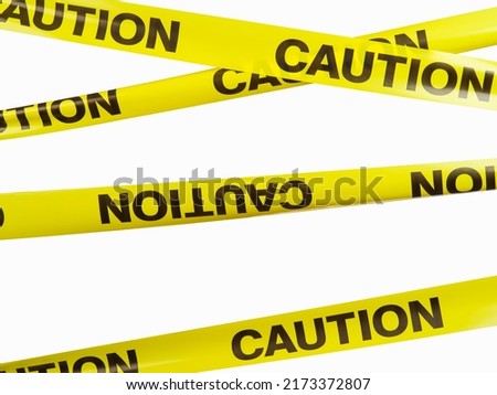 Set of yellow plastic restrictive tapes with an inscription on a white background. Signal of danger for passers-by, policemen, rescuers. Accident, bad road, construction sites, fire, crime scene.