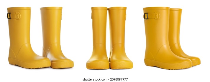 Fijado con botas de goma amarillas sobre fondo blanco. Diseño de pancartas