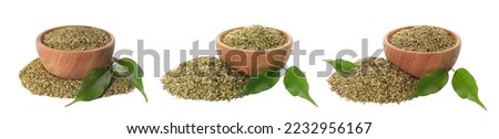 Set with yerba mate leaf mix on white background. Banner design