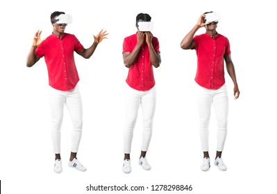 Set Of Young African American Man Using VR Glasses. Virtual Reality Experience