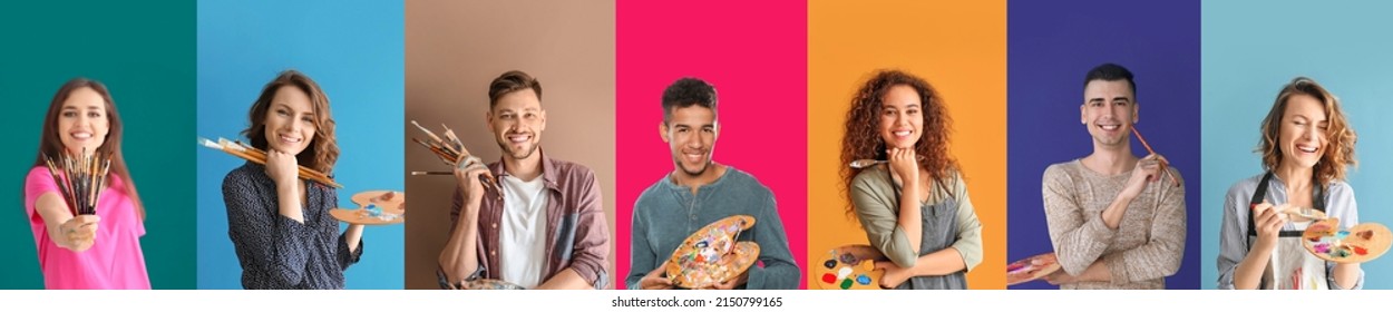 Set of young artists on colorful background