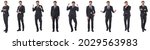 Set of young business man full length portraits doing different gestures isolated on white background
