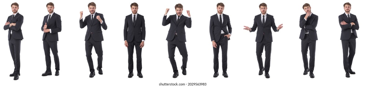 Conjunto de retratos de largo alcance de un joven empresario haciendo diferentes gestos aislados en fondo blanco