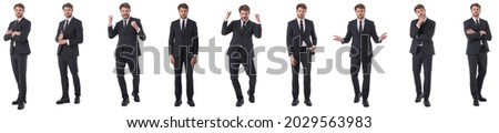 Set of young business man full length portraits doing different gestures isolated on white background