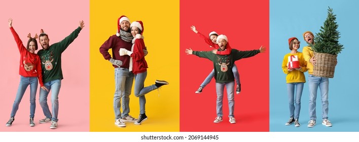 Set of young couple in stylish Christmas clothes on color background - Powered by Shutterstock