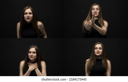 Set Of Young Girl Posing With Many Different Facial Expressions In A Black Room. Collage With Emotions.