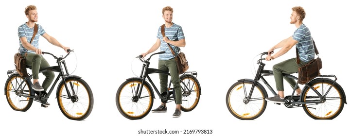 Set Of Young Man With Bicycle Against White Background