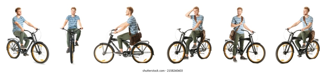 Set of young man with bicycle on white background