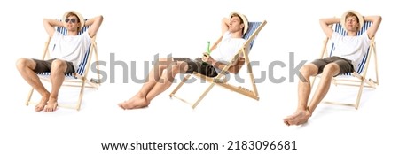 Set of young man with bottle of beer sitting on deck chair against white background