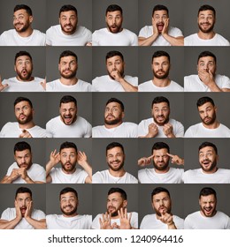 Set Of Young Man Portraits With Different Emotions And Gestures