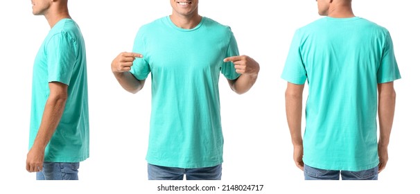 Set of young man in turquoise t-shirt on white background. Mockup for design - Shutterstock ID 2148024717