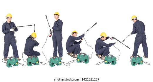 Set Of Young Man In Uniform Stand And Holding High Pressure Water Gun Portable With Hose, Cut Out Isolated On White Background