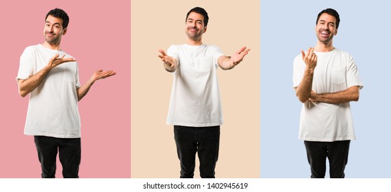 Set Of Young Man With White Shirt Presenting And Inviting To Come With Hand. Happy That You Came On Colorful Background