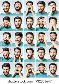 Set of young man's portraits with different emotions and gestures isolated - Shutterstock ID 732833647