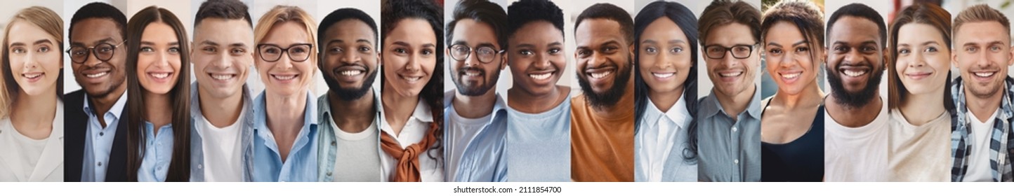 Set of young multiethnic people males and females photos, panorama. Collection of portraits of millennials of different nationalities smiling at camera. International students society concept