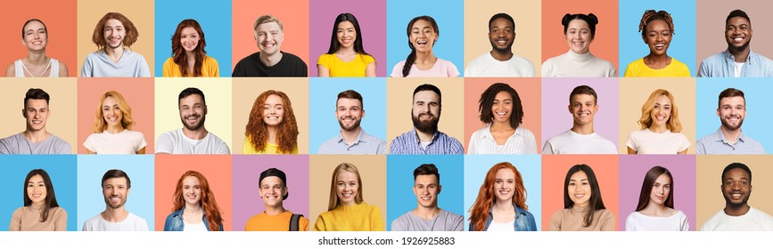 Set Of Young People Portraits With Beautiful Smiling Faces Posing Looking At Camera Over Different Colored Backgrounds. Panorama, Collage. Positive Emotions, Generation Portrait, Many Human Headshots