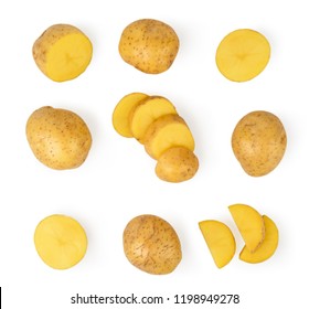 Set Of Young Potatoes Cut Into Pieces And Halves On A White, Isolated. The View From The Top.