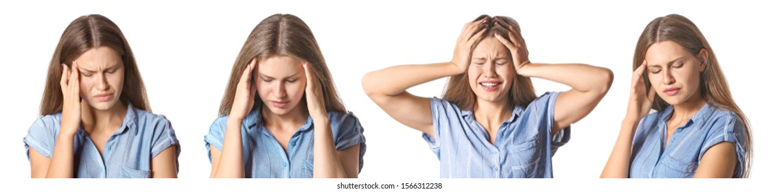 Set with young stressed woman on white background