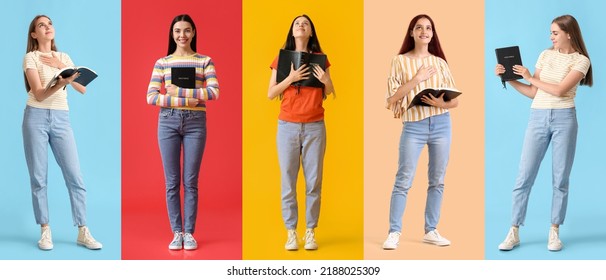 Set of young woman with Bible on color background - Shutterstock ID 2188025309