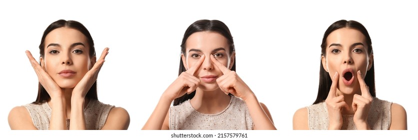 Set Of Young Woman Doing Face Building Exercises Against White Background