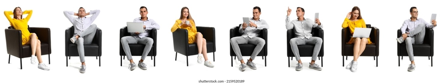 Set of young woman and man resting in black armchair on white background - Powered by Shutterstock