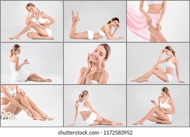 Set With Young Woman On Light Background. Beauty And Body Care