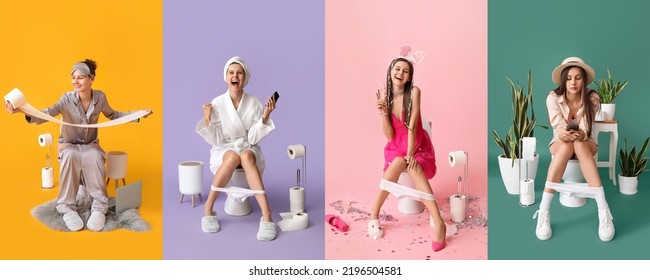 Set of young woman sitting on toilet bowl against colorful background