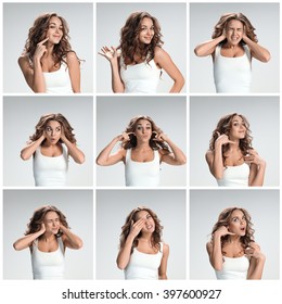 Set of young woman's portraits with different happy emotions