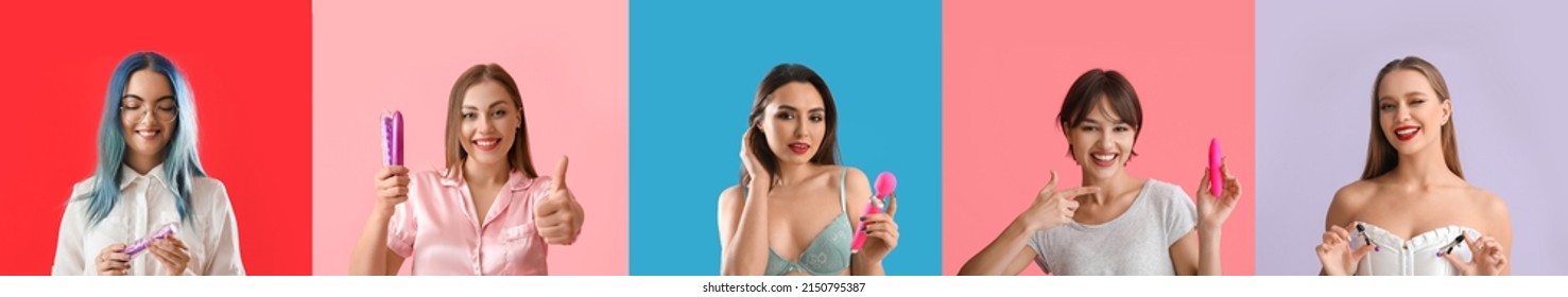 Set of young women with different sex toys on colorful background