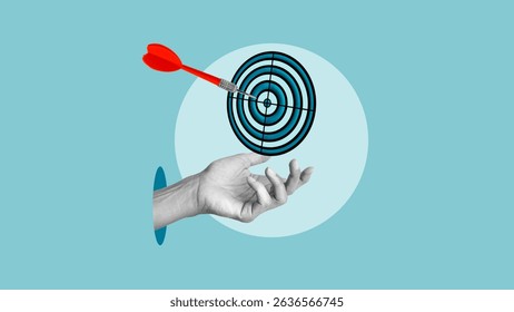 Set your goals is shown using the collage with aim and the hand. Business targeting, aiming, focus concept and way to achieve a goal