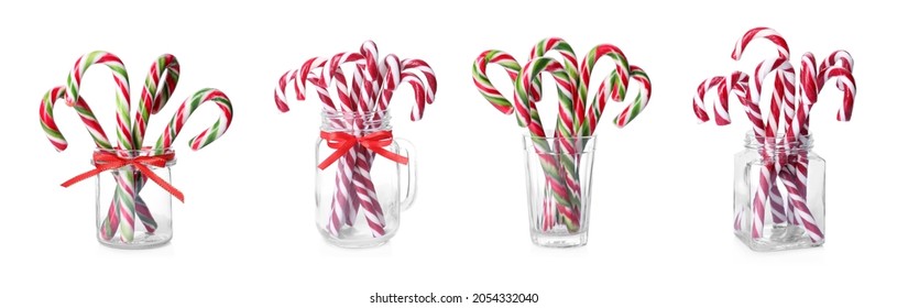 Set with yummy sweet Christmas candy canes on white background. Banner design - Powered by Shutterstock