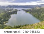 Sete Cidades, Sao Miguel, Azores, Portugal. Lagoa das Sete Cidades, Lagoon of the Seven Cities, twin lakes of Lagoa Verde and Lagoa Azul, Green Lake and Blue Lake.