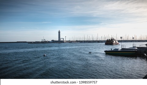 Sete, France - January 4, 2019: Architecture Detail Of Port Saint Louis Lighthouse On A Winter Day